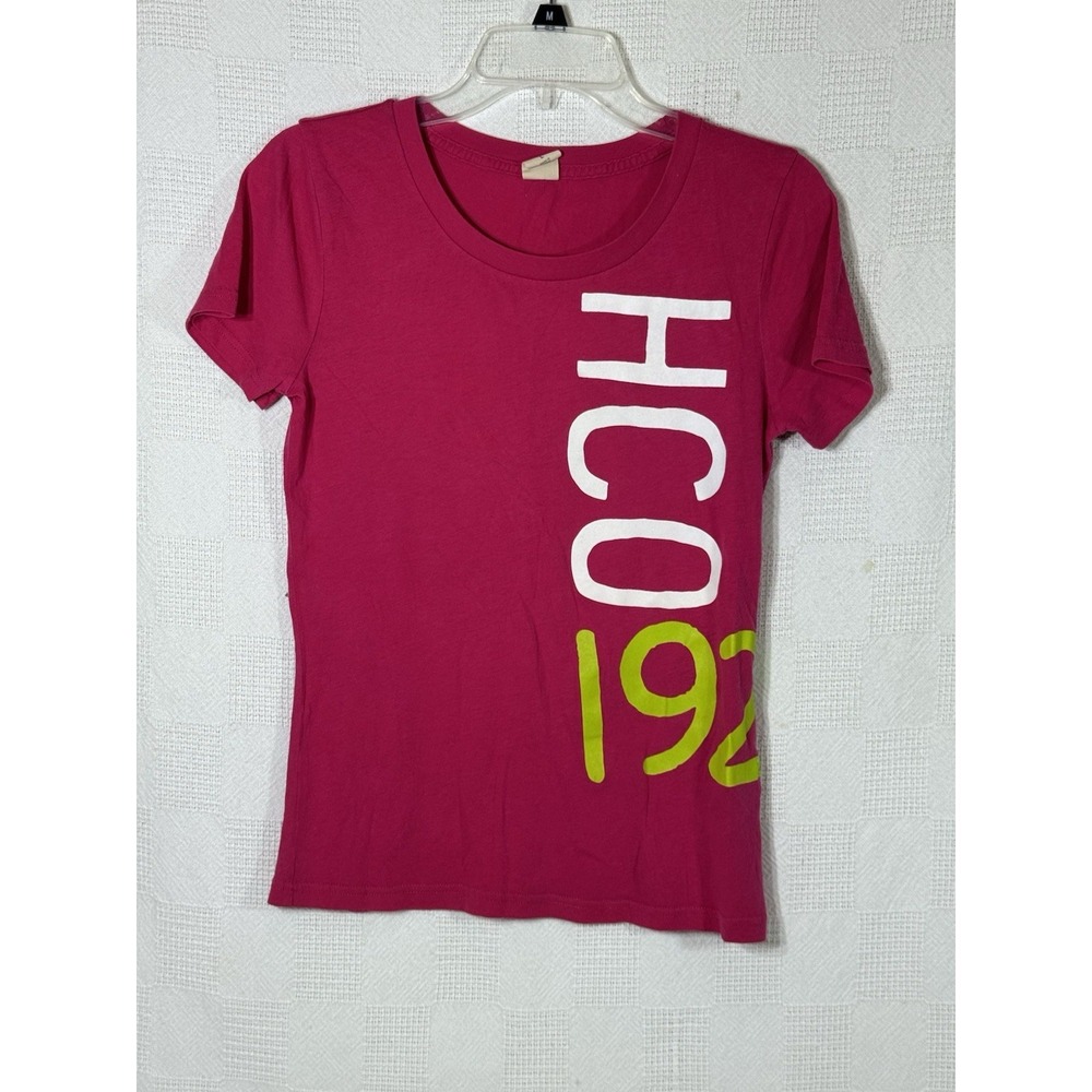 HOLLISTER‎ CALIFORNIA L PINK SHIRT CAP SLEEVE WHITE HCO & LIME GREEN 1922 FRONT